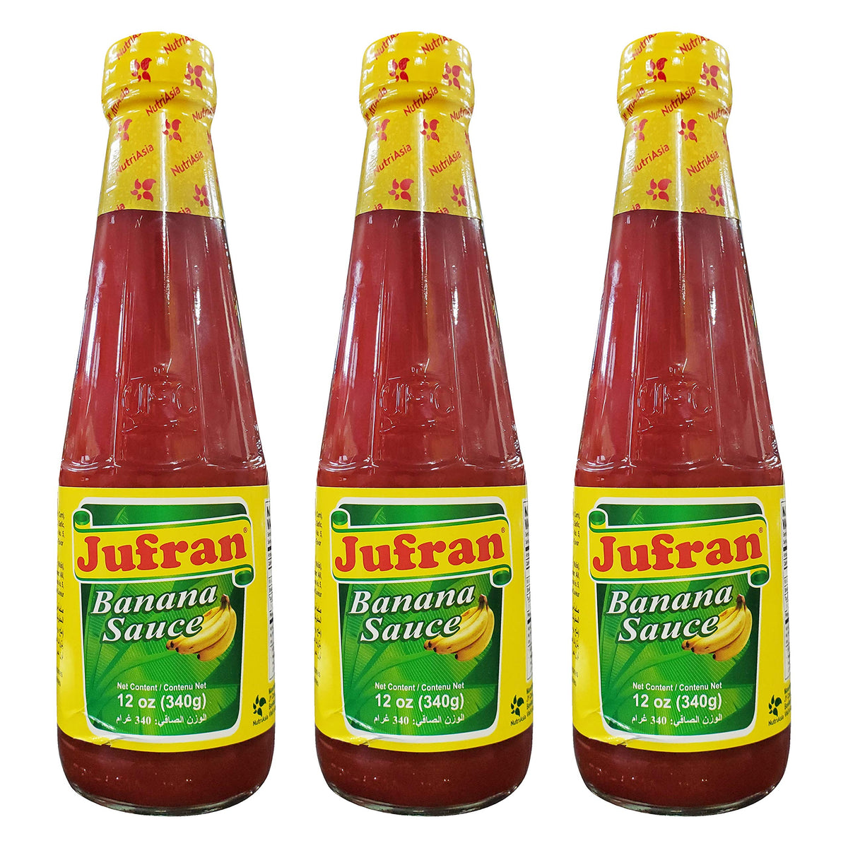Jufran banana sauce bottles 3-pack on kitchen counter, versatile condiment alternative to ketchup.
