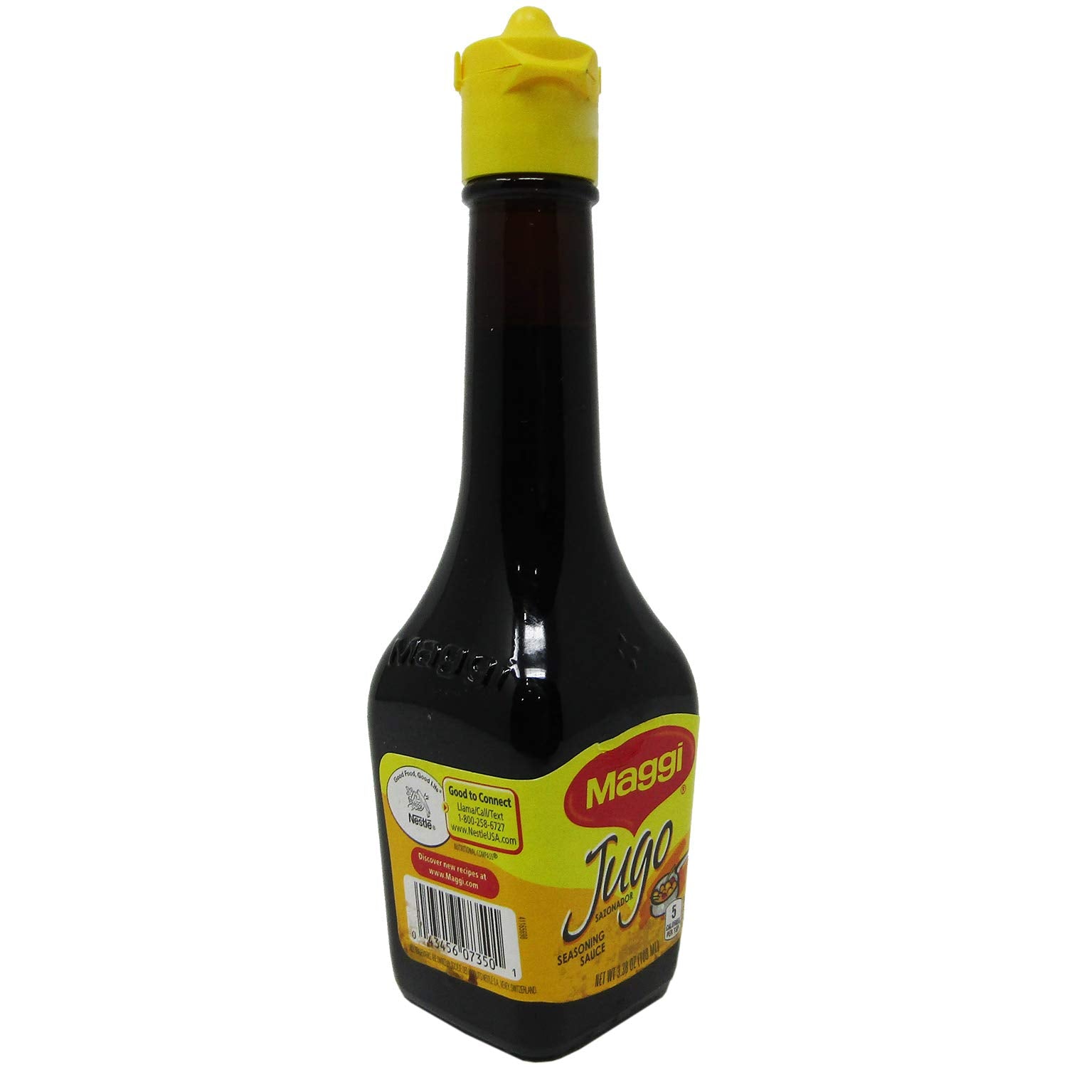 Close-up of Jugo Maggi glass bottle shows premium packaging.