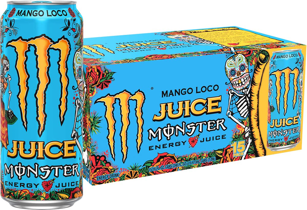 Juice Monster Mango Loco can showcasing tropical flavor for celebrations.