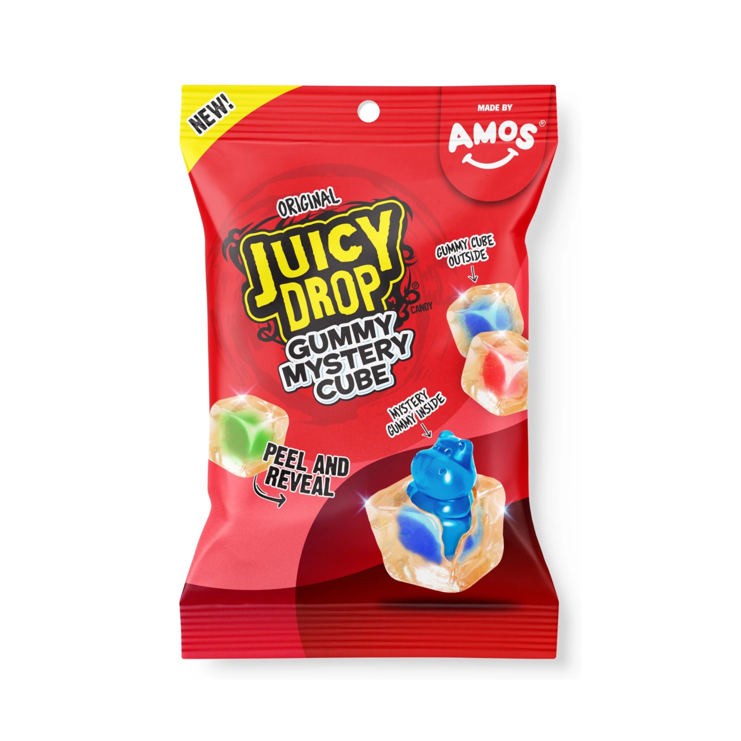 Juicy Drop Mystery Cube: peelable outer gummy for interactive, shareable fun.