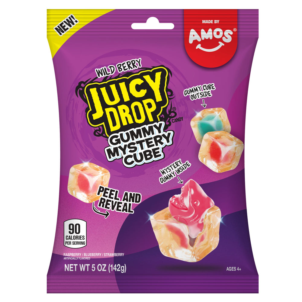 Juicy Drop Mystery Gummy Cubes peelable outer layer for interactive snacking
