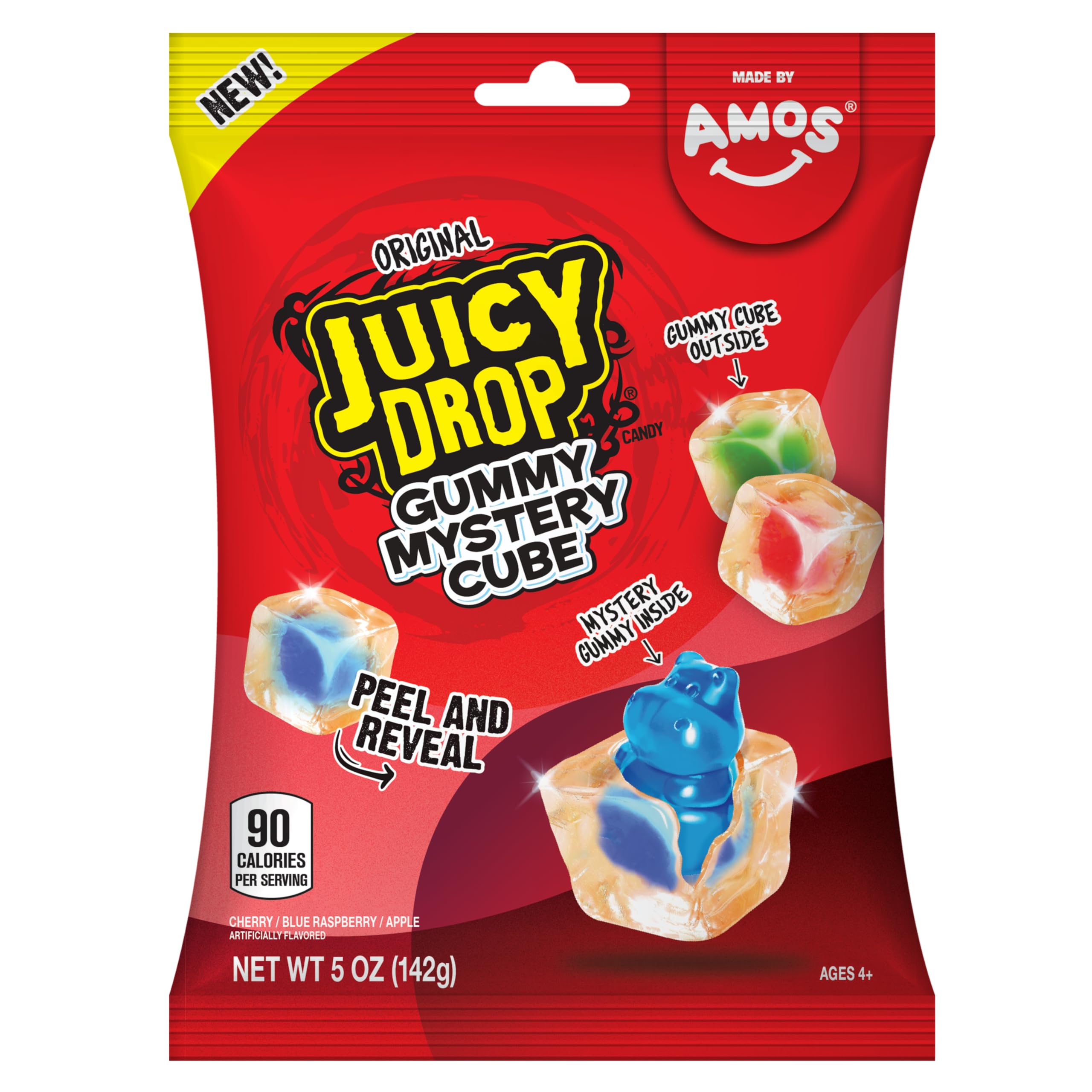 Juicy Drop Mystery Cubes peelable outer strawberry gummy for interactive snacking.