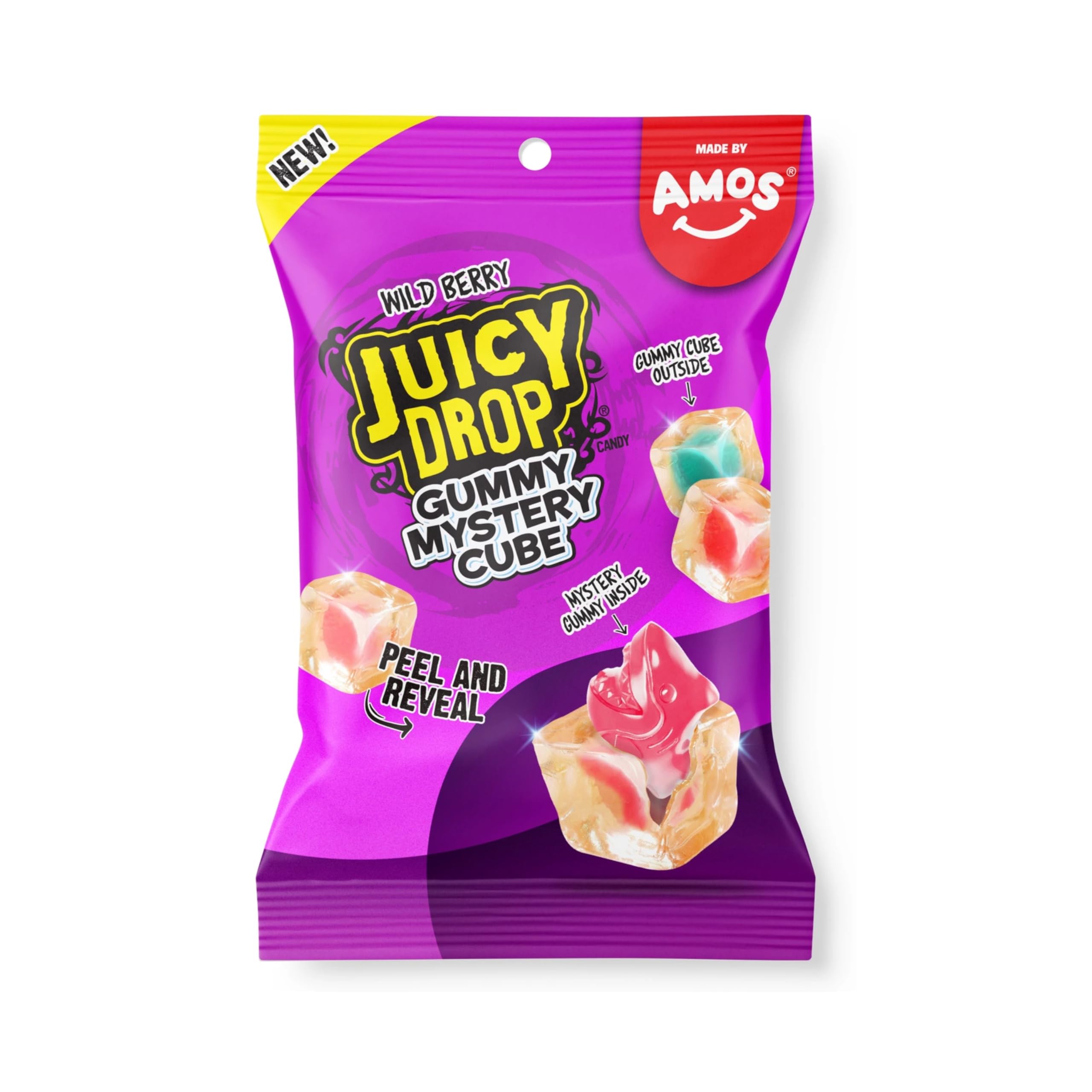 Juicy Drop Mystery Gummy Cubes peelable outer strawberry for interactive snacking.