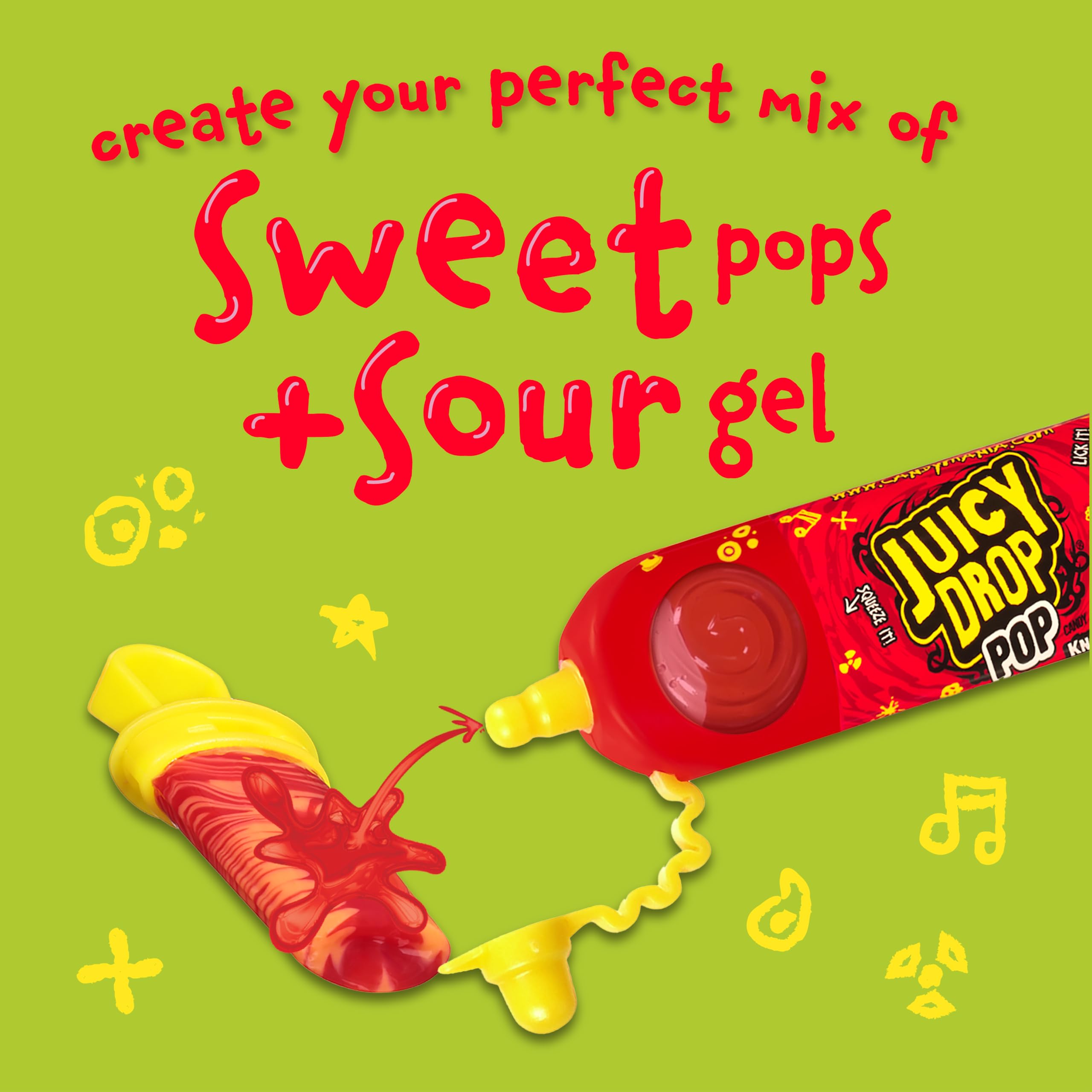 Juicy Drop Pop lollipops with sour gel, assorted flavors for custom flavor combos.