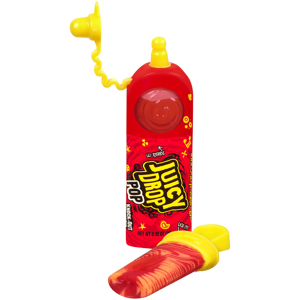 Juicy Drop Pop Blue Rebel flavor lollipop, vibrant candy experience.