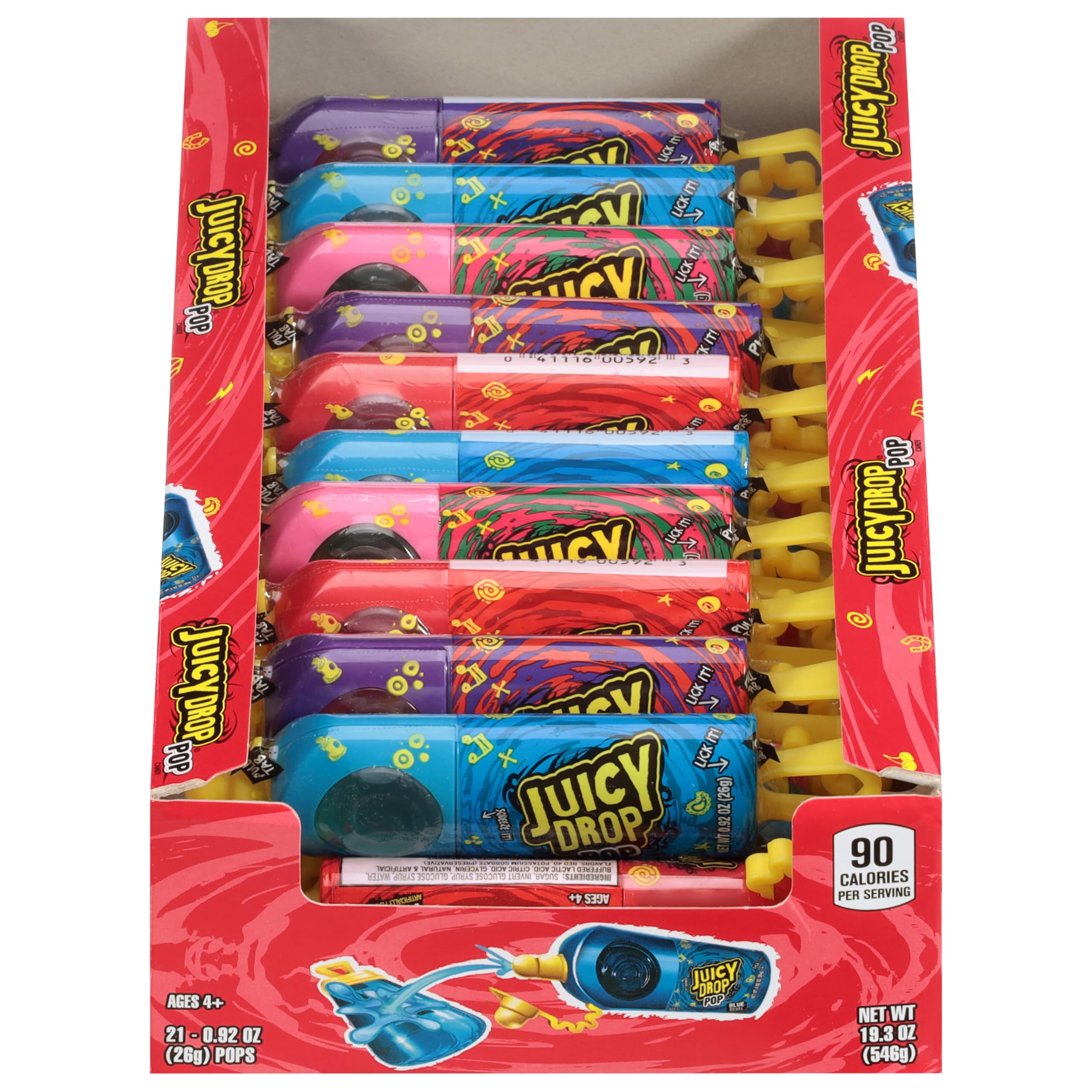 Juicy Drop Pop variety-pack box with 21 lollipops, great for sharing at parties.