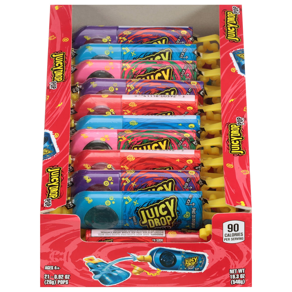 Juicy Drop Pop variety-pack box with 21 lollipops, great for sharing at parties.