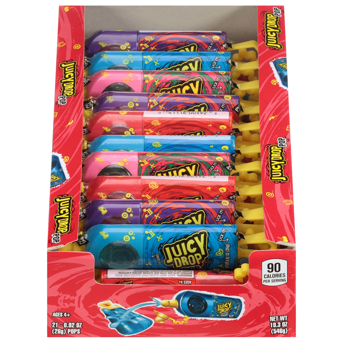 Juicy Drop Pop variety-pack box with 21 lollipops, great for sharing at parties.