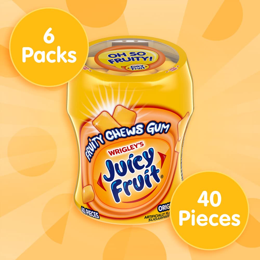 Juicy Fruit Gum resealable bottle cap preserves freshness between uses.