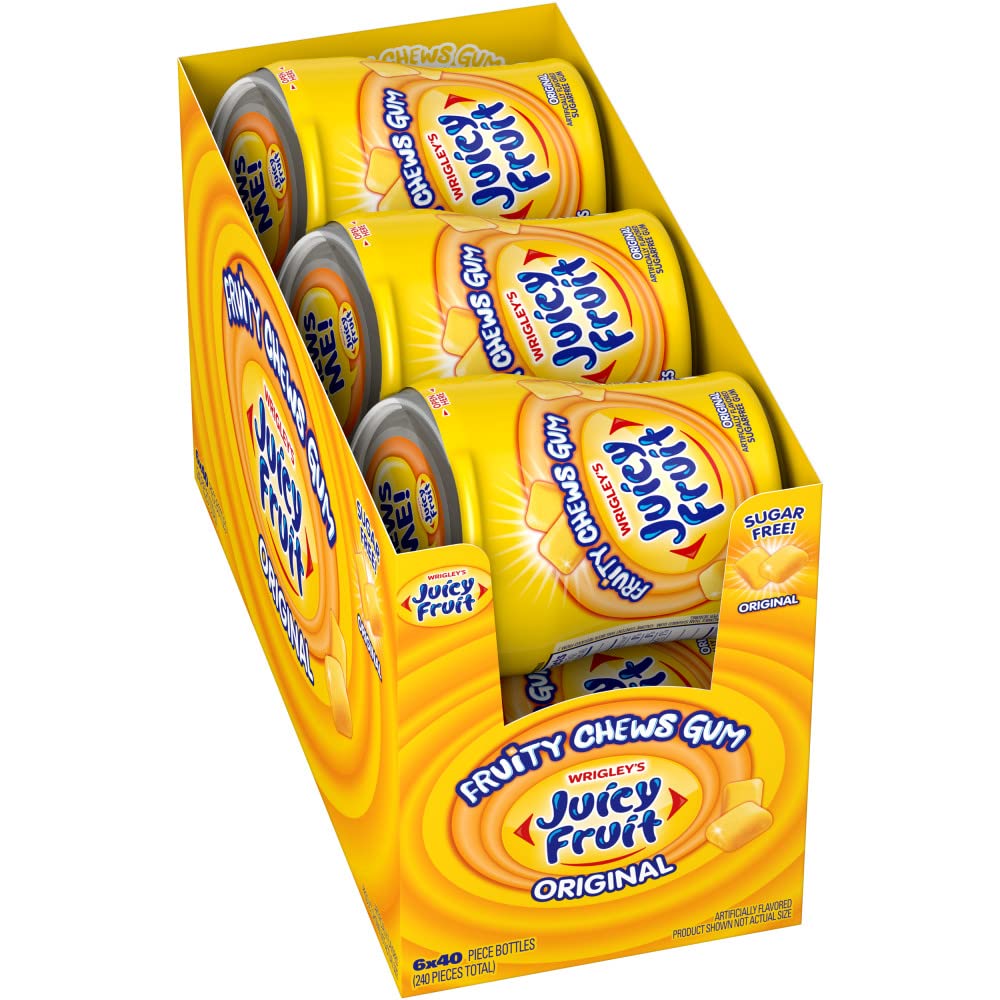 Juicy Fruit Gum sugar-free bottle with 40 pieces for on-the-go enjoyment.