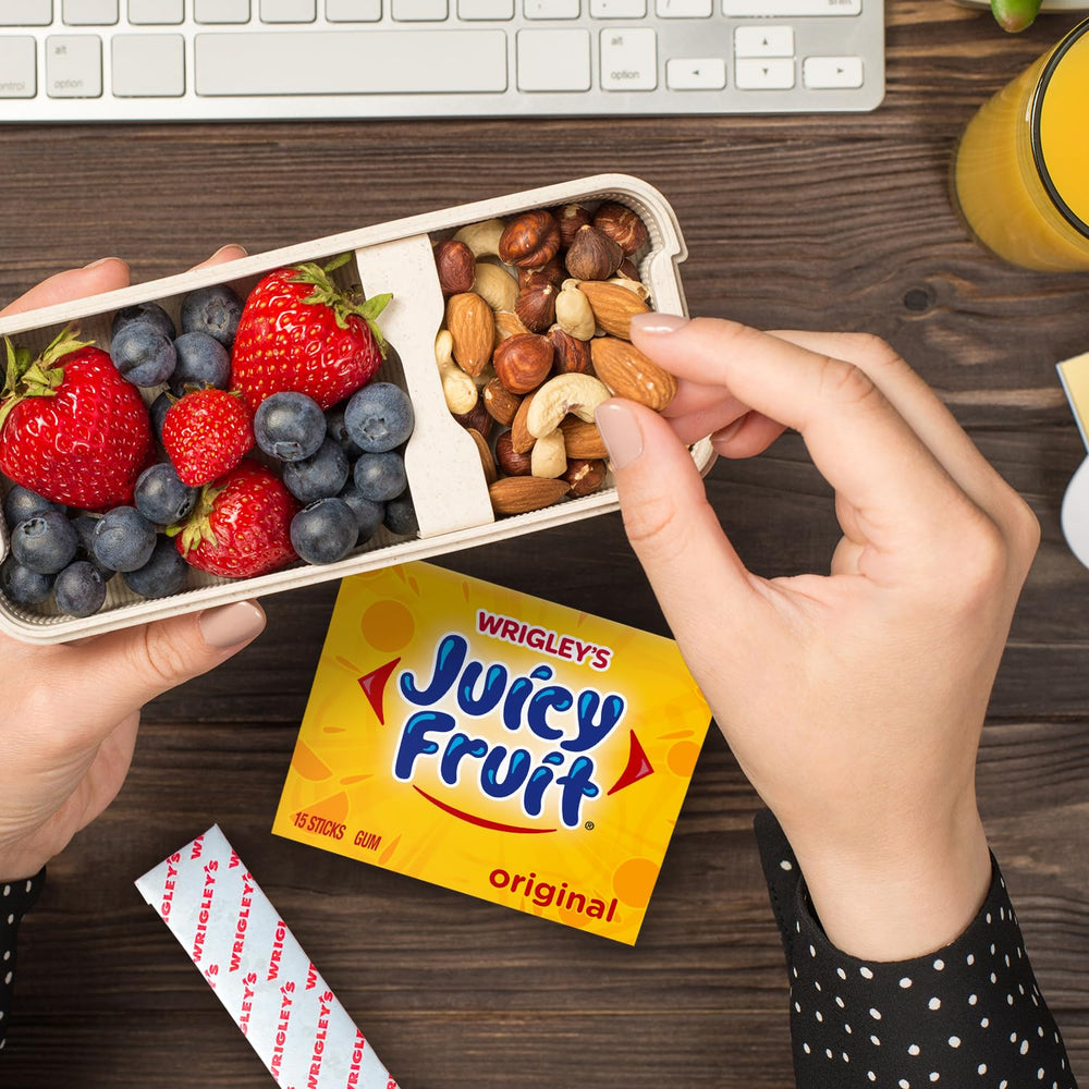 Bright packaging of Juicy Fruit Original gum appealing to fans of fruit-flavored chew.