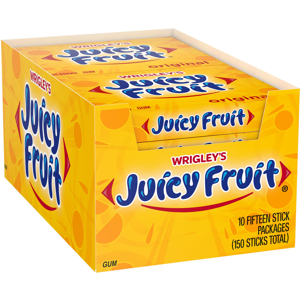 Juicy Fruit Original bubble gum pack with 15 sticks inside, long-lasting fruity flavor.