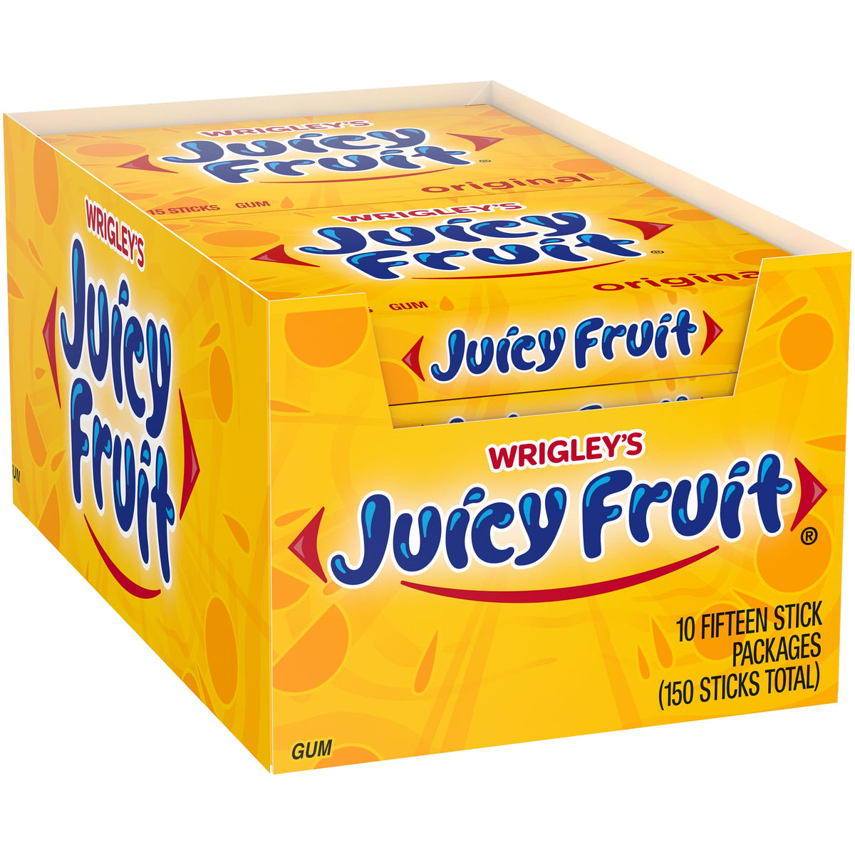 Juicy Fruit Original bubble gum pack with 15 sticks inside, long-lasting fruity flavor.