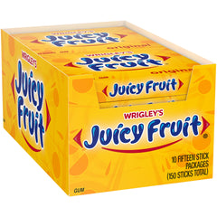 Juicy Fruit Original bubble gum pack with 15 sticks inside, long-lasting fruity flavor.