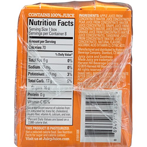 Close-up of the Juicy Juice Orange Tangerine label highlighting vitamin C.