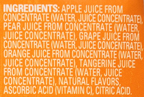 Juicy Juice Orange Tangerine package side, 100% juice and fruit-forward flavor.