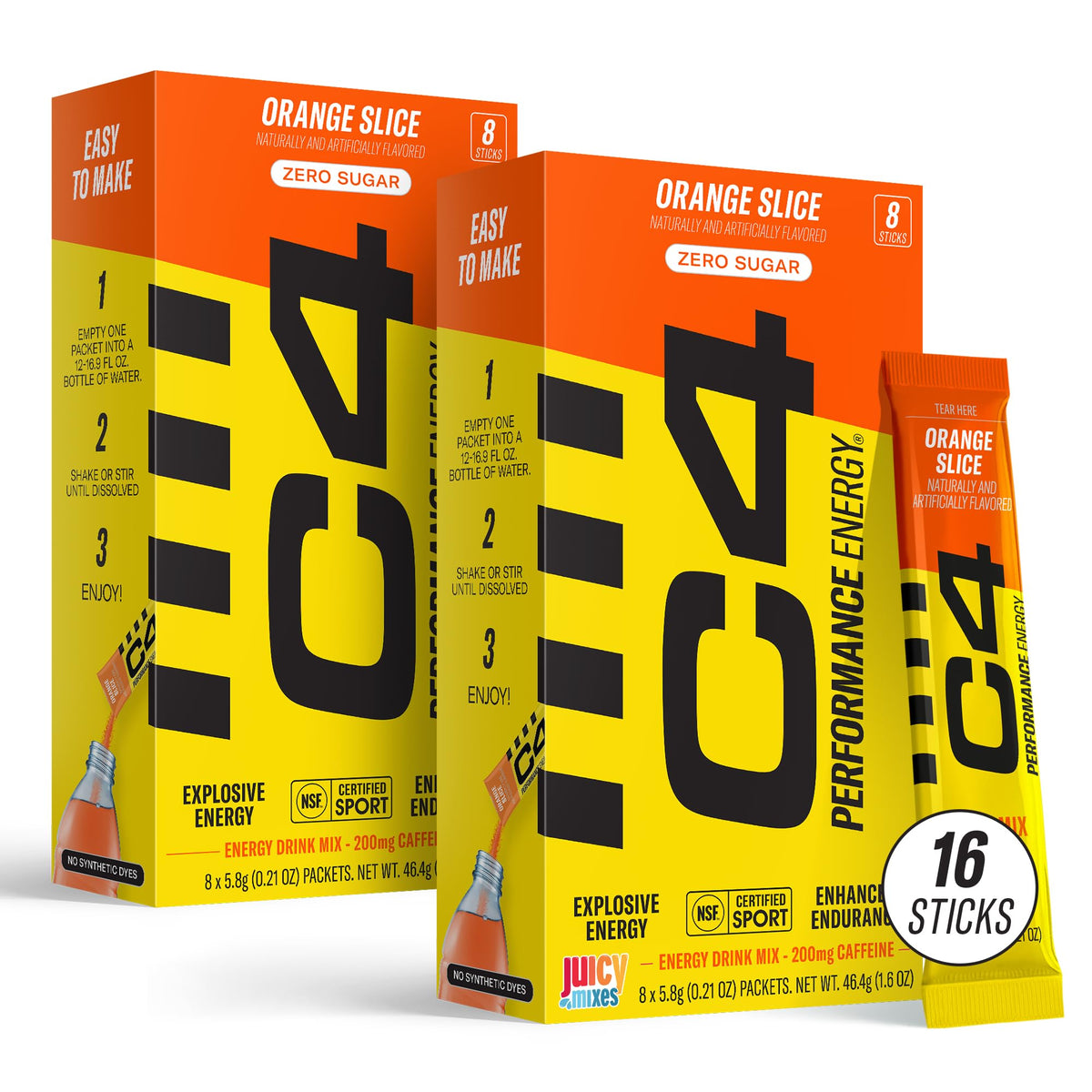 Juicy Mixes C4 orange slice box with 8 energy sticks for on the go.
