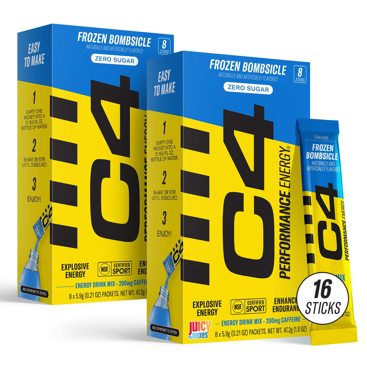 Juicy Mixes C4 Performance Energy box front for on-the-go workouts.