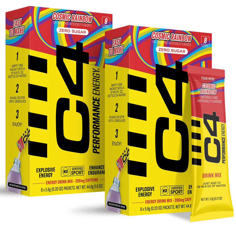 Juicy Mixes C4 Performance Energy Cosmic Rainbow pour energizing workouts with citrus notes.