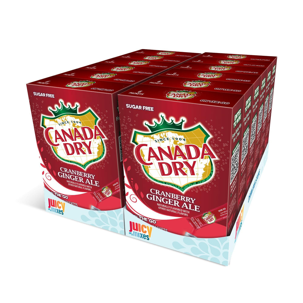 Juicy Mixes Canada Dry powder drink mix dissolving in water for a sugar-free hydration option.