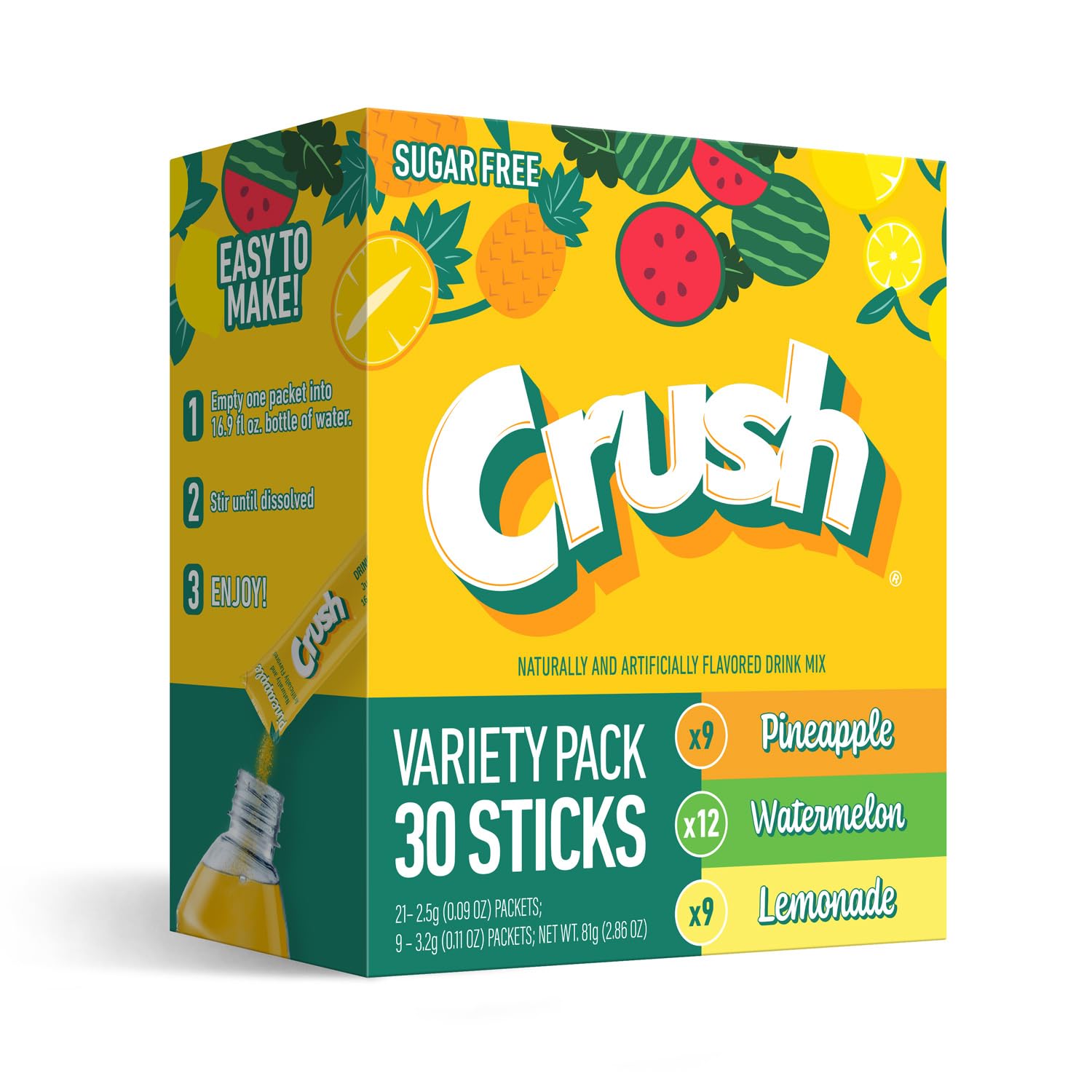 Juicy Mixes Crush 30-count variety pack box front for on-the-go refreshment.