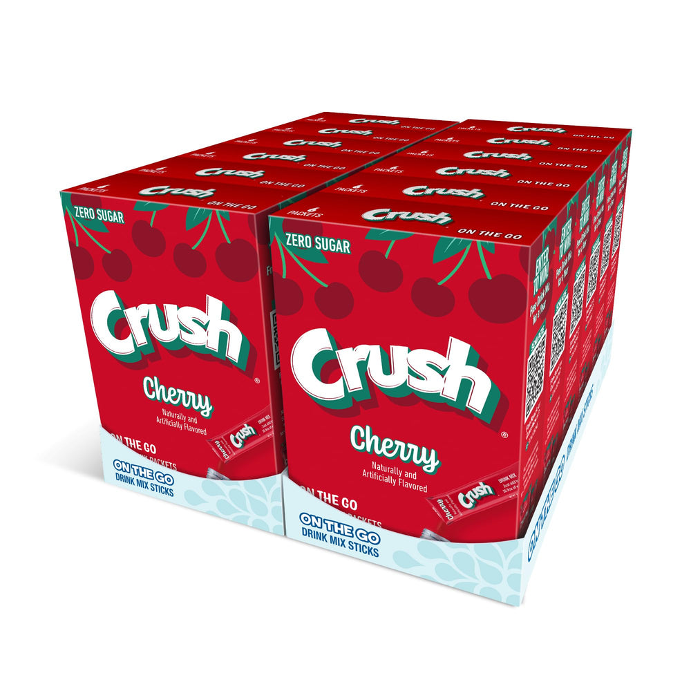 Juicy Mixes Crush Cherry powder drink mix 72 sticks on the front of the package for on-the-go hydration.