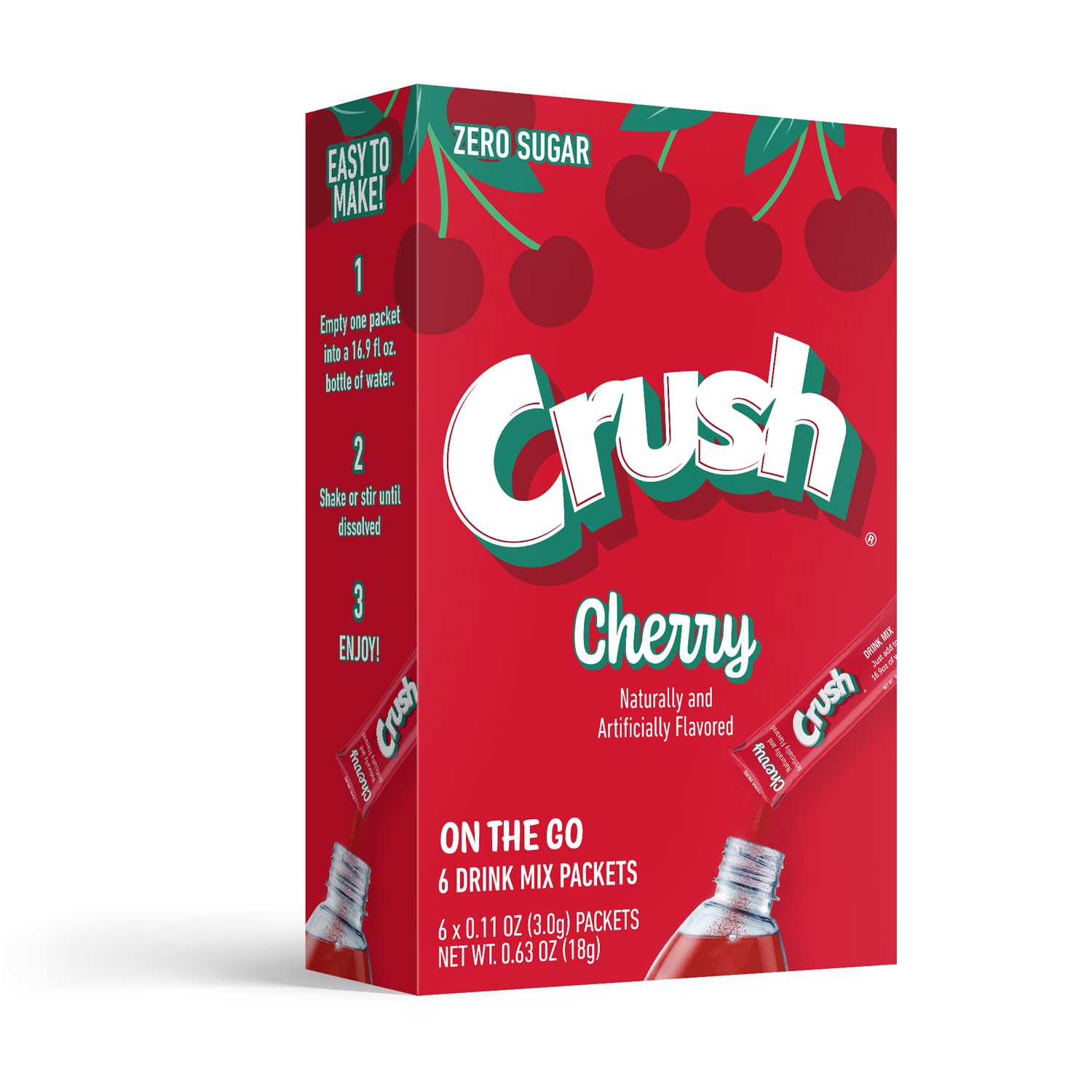 Juicy Mixes Crush Cherry powder drink mix glass with water highlights versatile hydration.