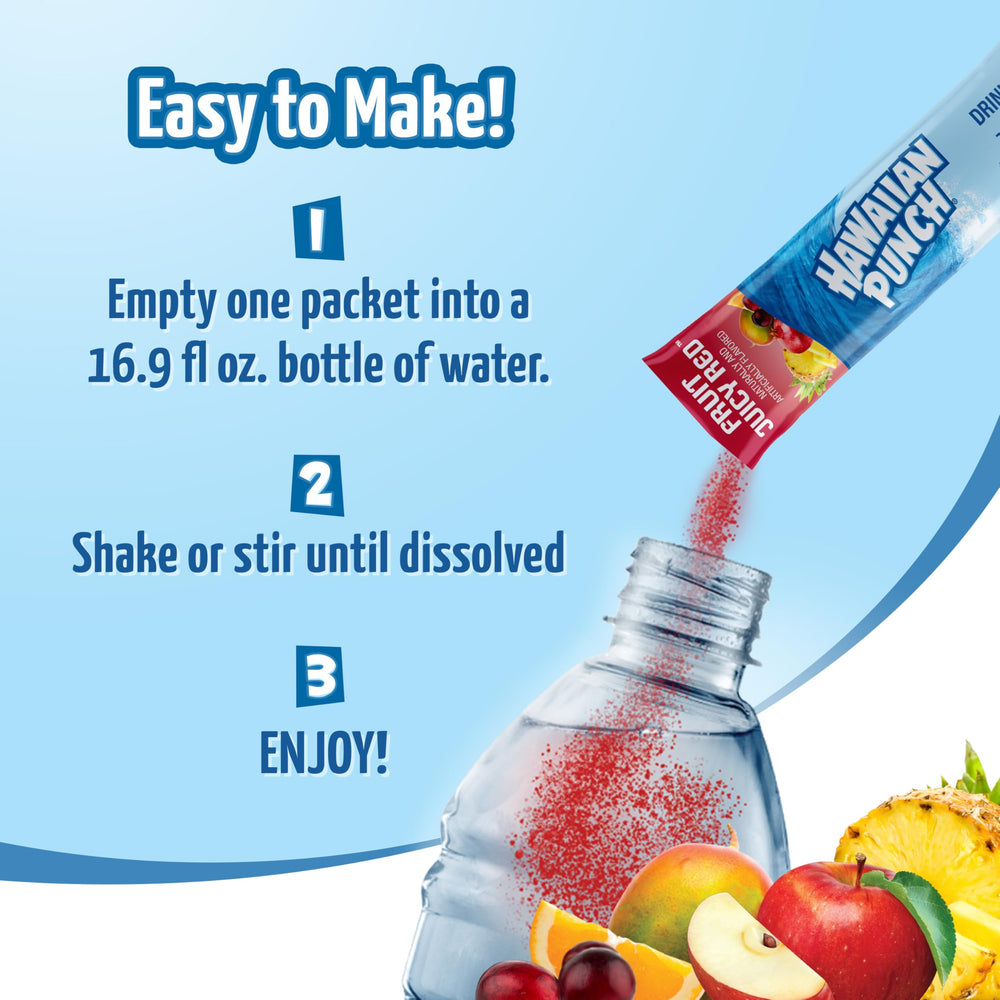Juicy Mixes Hawaiian Punch fruit juicy red label emphasizes bold flavor