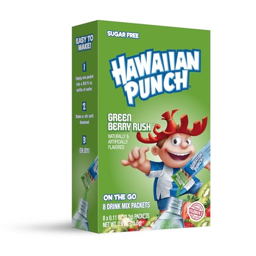 Juicy Mixes Hawaiian Punch sugar-free powder dissolving into a refreshing glass.
