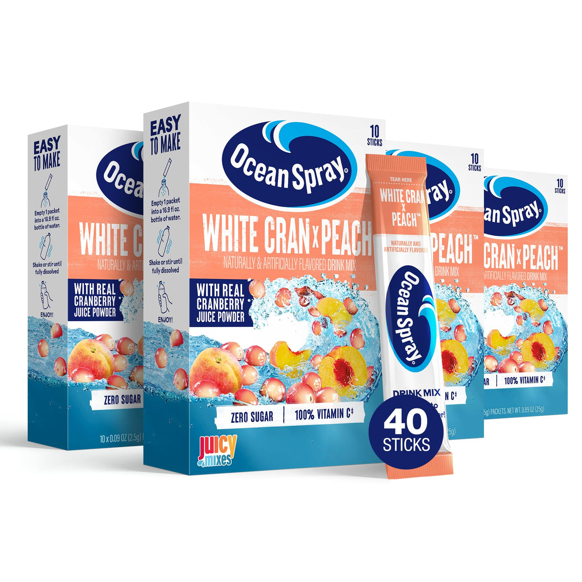 Juicy Mixes Ocean Spray White Cran-Peach box front for quick on-the-go hydration.