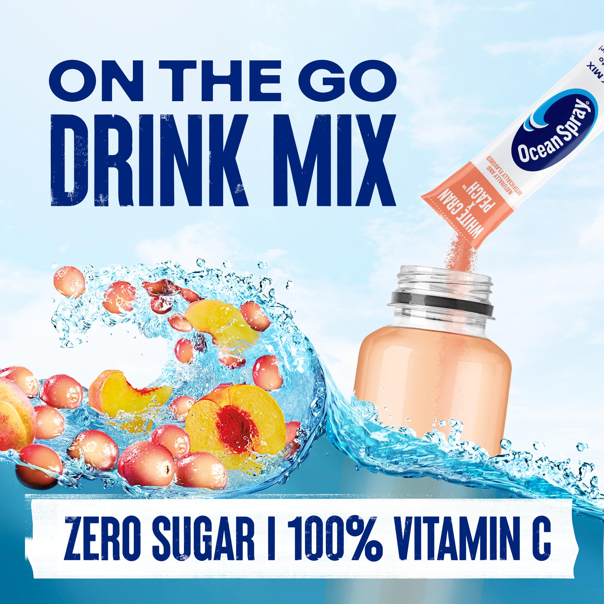Juicy Mixes Ocean Spray White Cran-Peach being poured into a glass for refreshment.