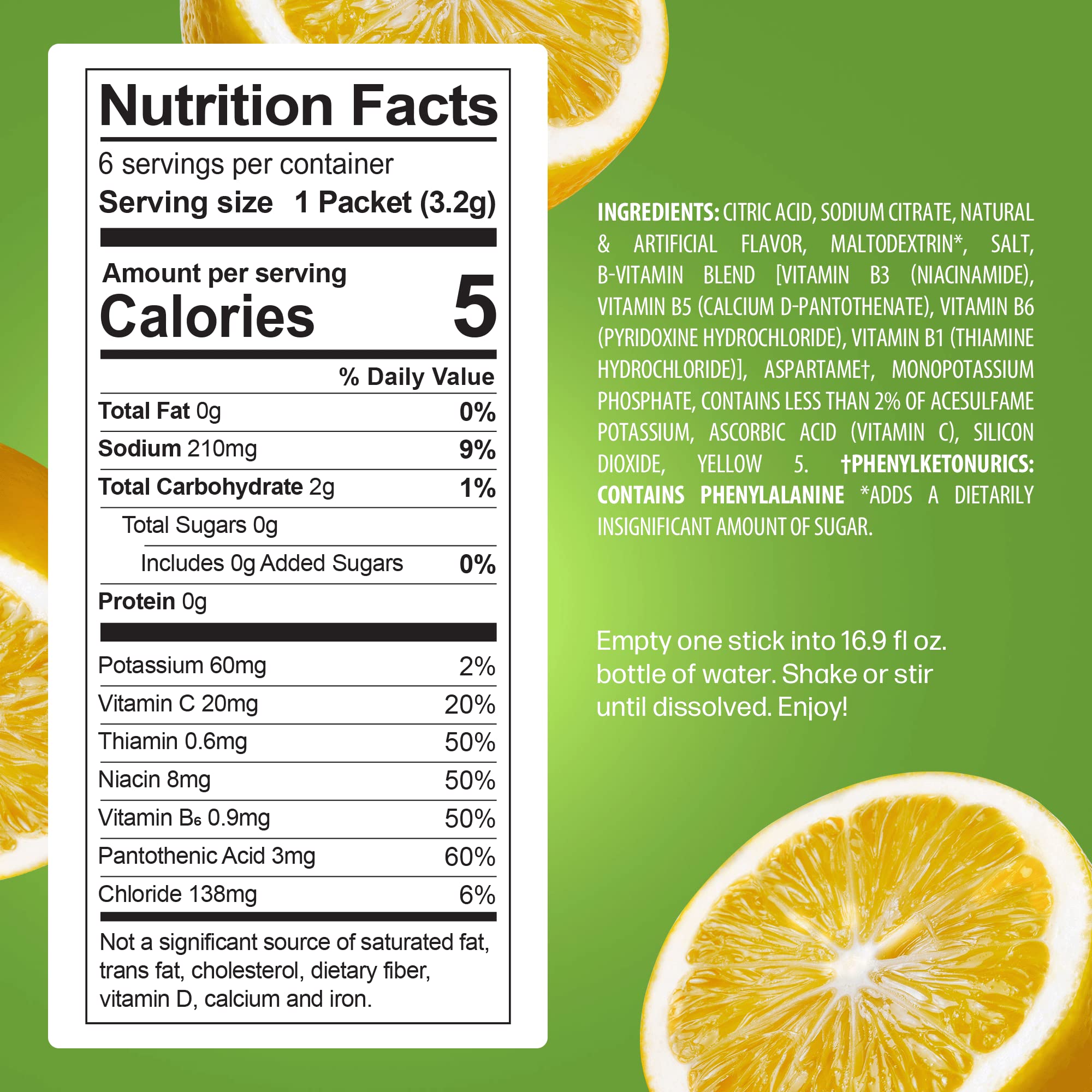 PeakH2O Lemon Lime packet back view showing nutrition and usage guidance for electrolytes