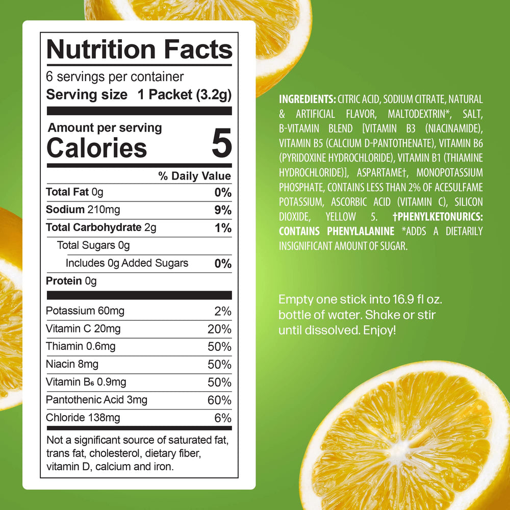 PeakH2O Lemon Lime packet back view showing nutrition and usage guidance for electrolytes