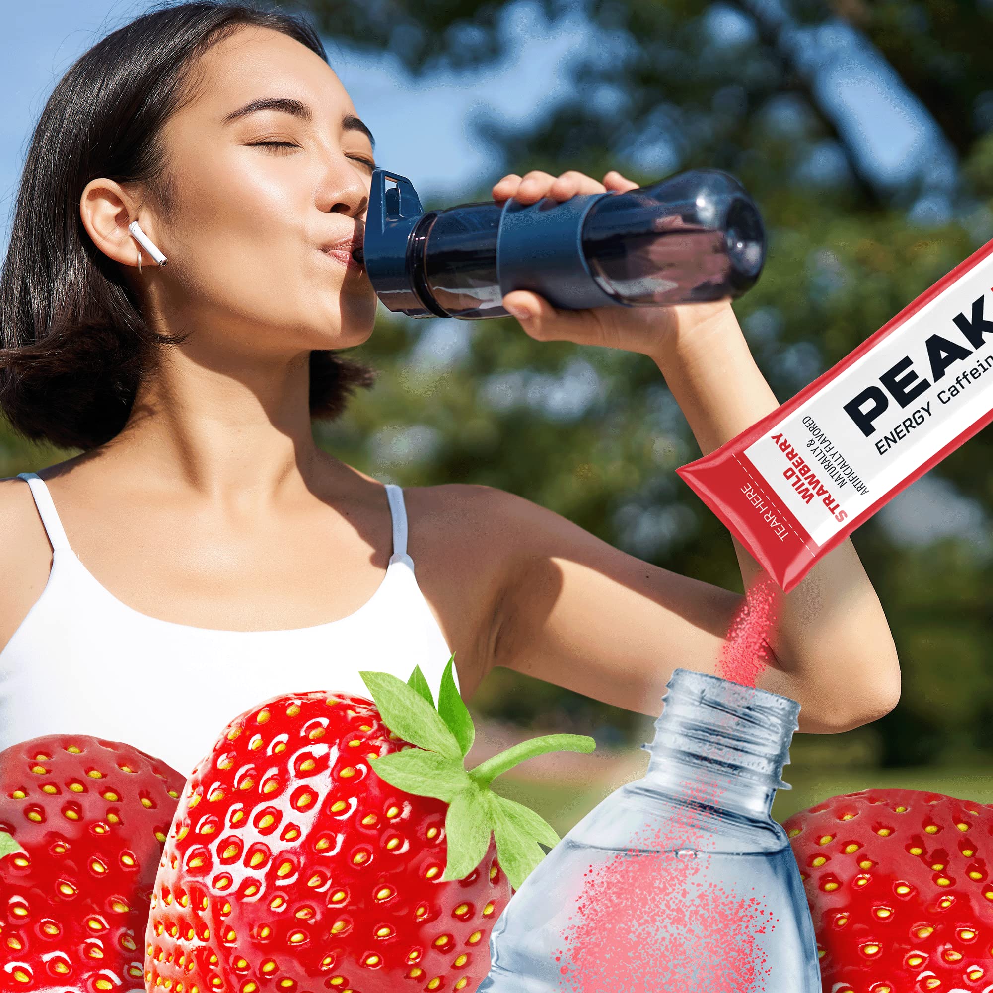 Zero sugar PeakH20 strawberry shown in a glass of water