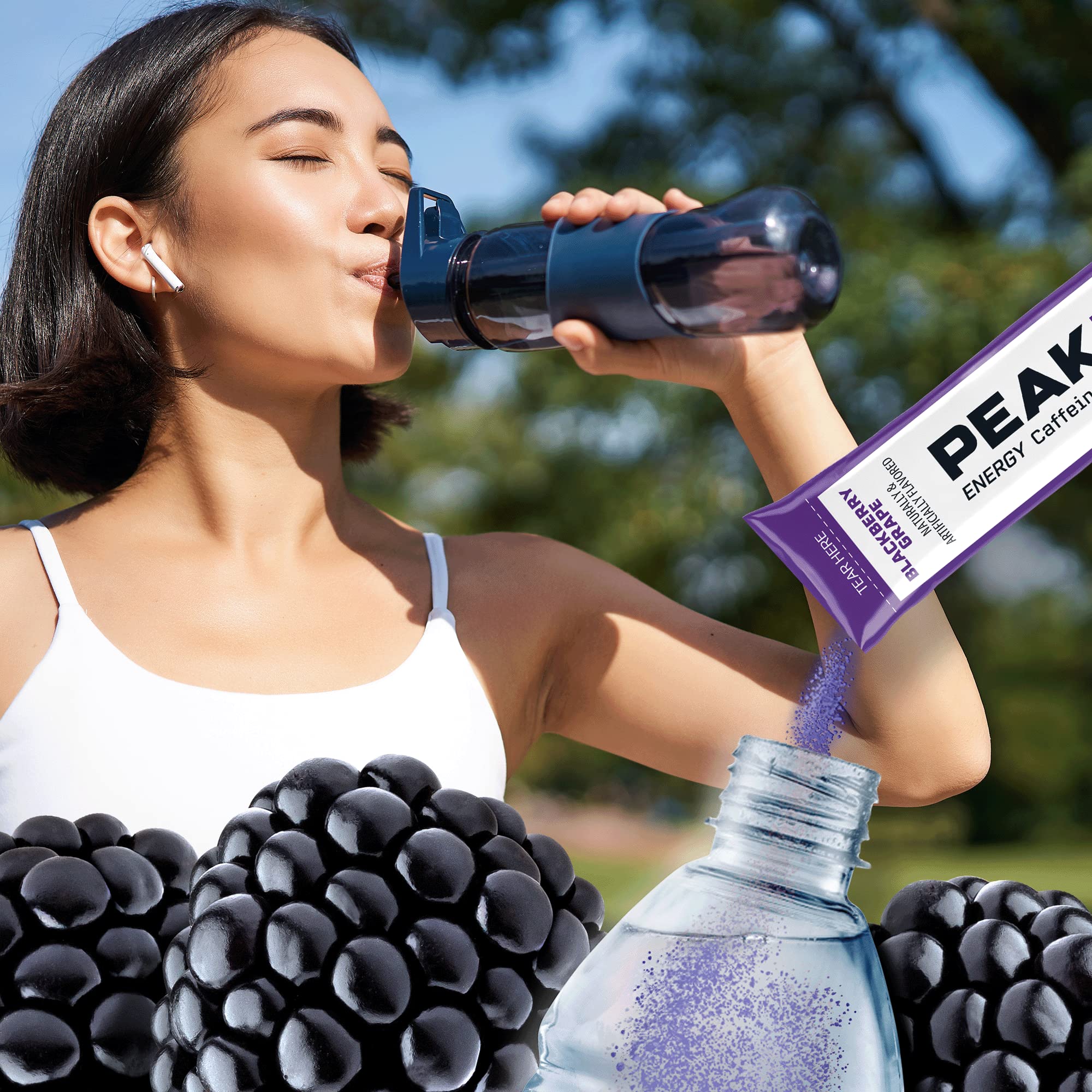 Juicy Mixes PeakH2O blackberry hydration mix in gym bottle for workouts.