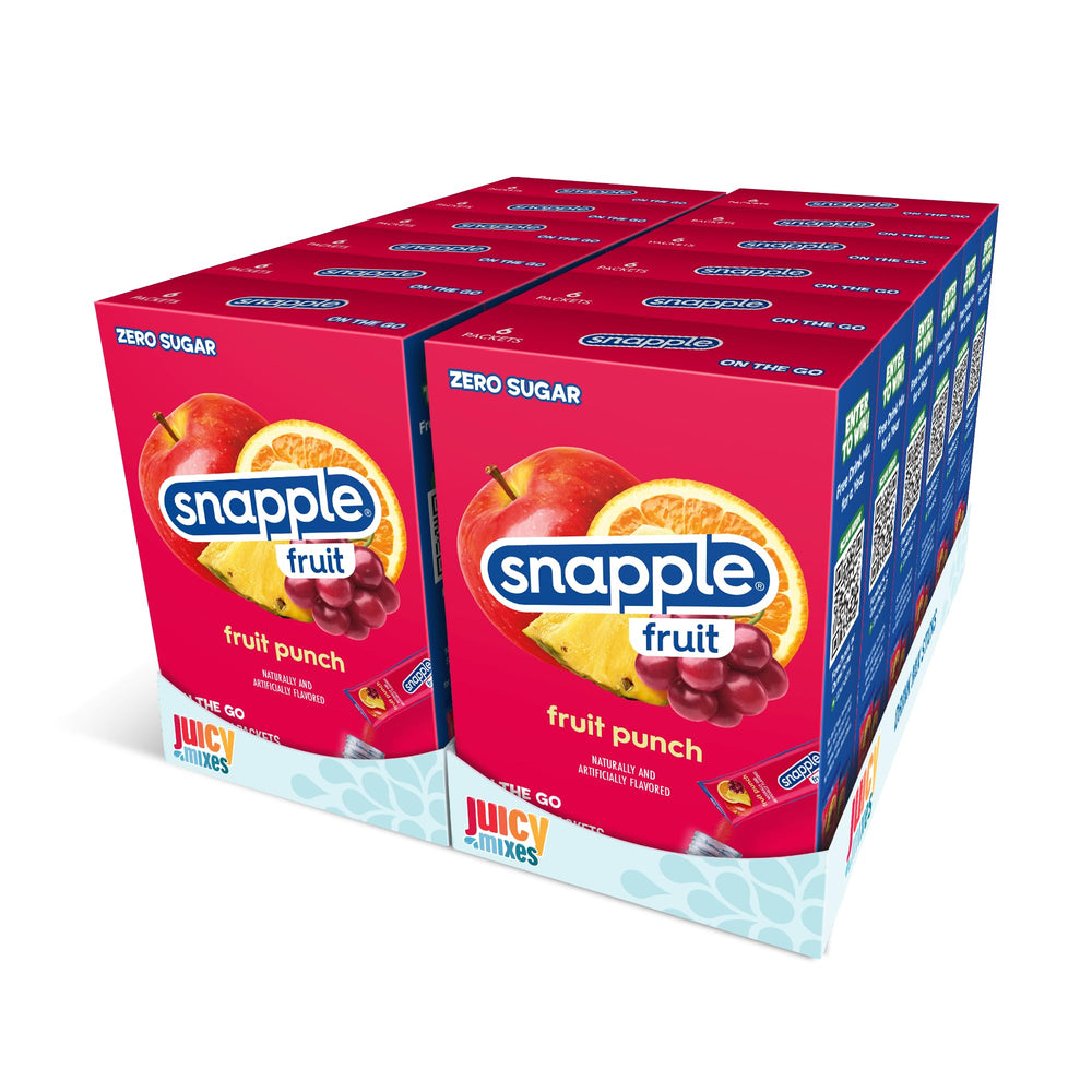 Juicy Mixes Snapple Fruit Punch Powder Drink Mix box front for quick hydration on the go.