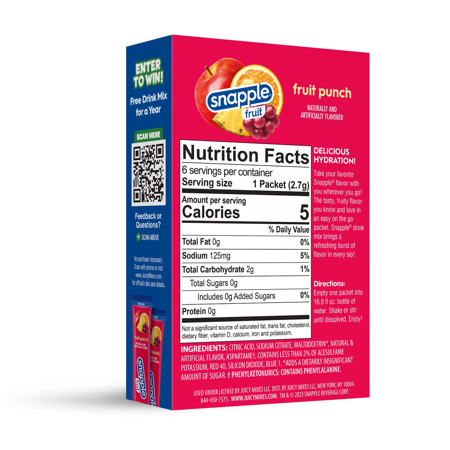 Juicy Mixes Snapple Fruit Punch Powder Drink Mix stick pack showing convenient single-serve sticks.