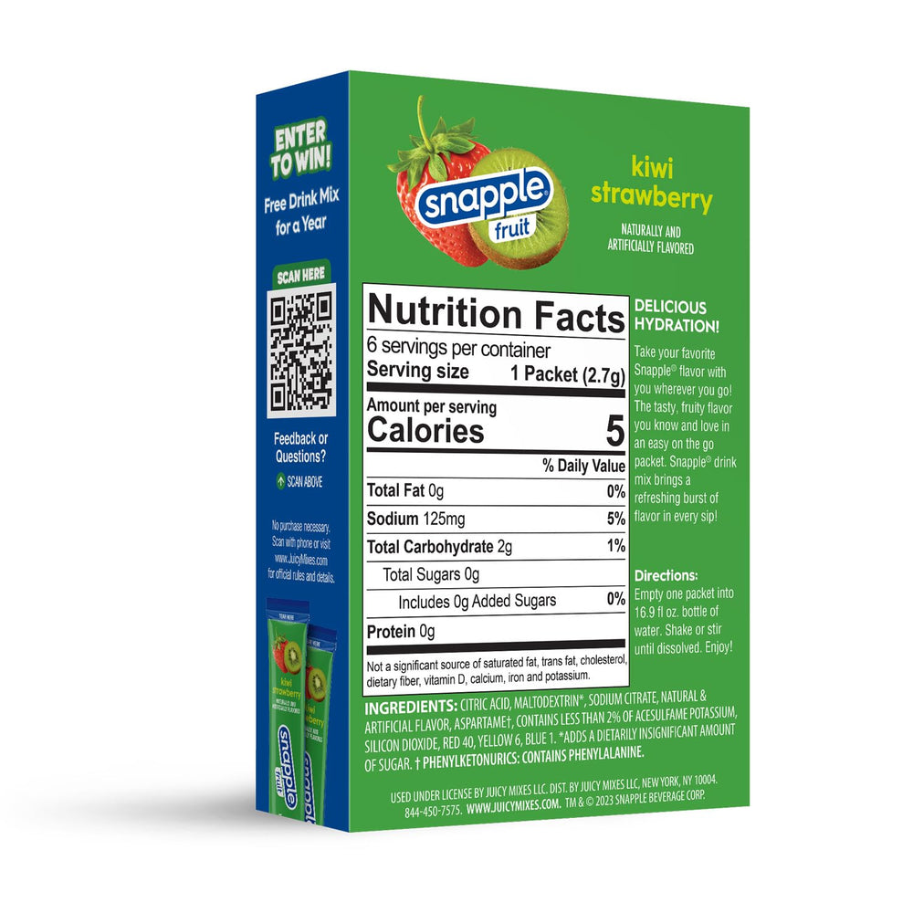 Juicy Mixes Snapple Kiwi Strawberry boxes are easy to store during travel and busy days.