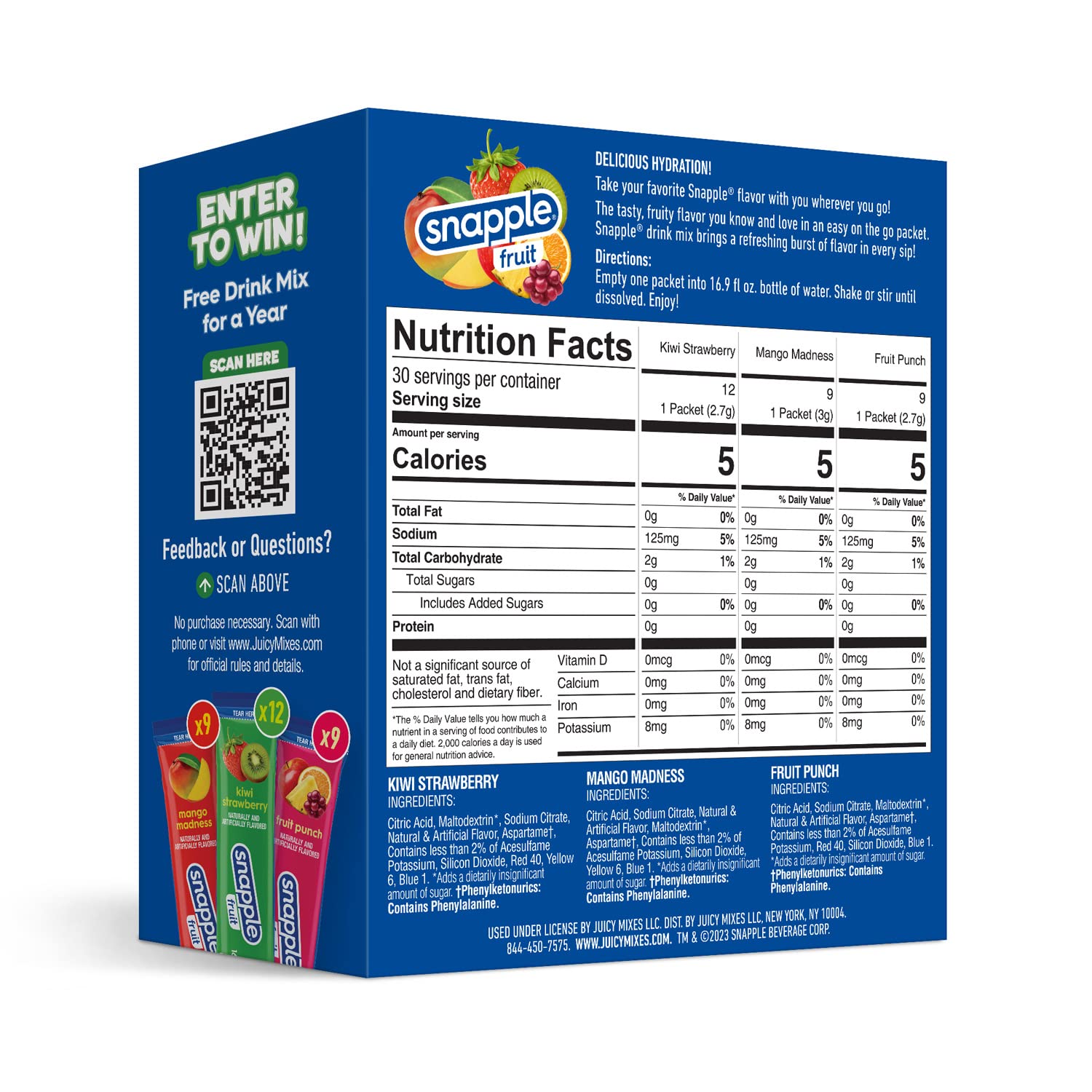 Juicy Mixes Snapple Powder Drink Mix stick close-up highlighting convenient single-serve sachets