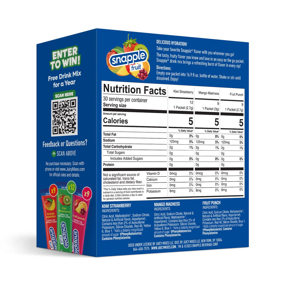 Juicy Mixes Snapple Powder Drink Mix stick close-up highlighting convenient single-serve sachets