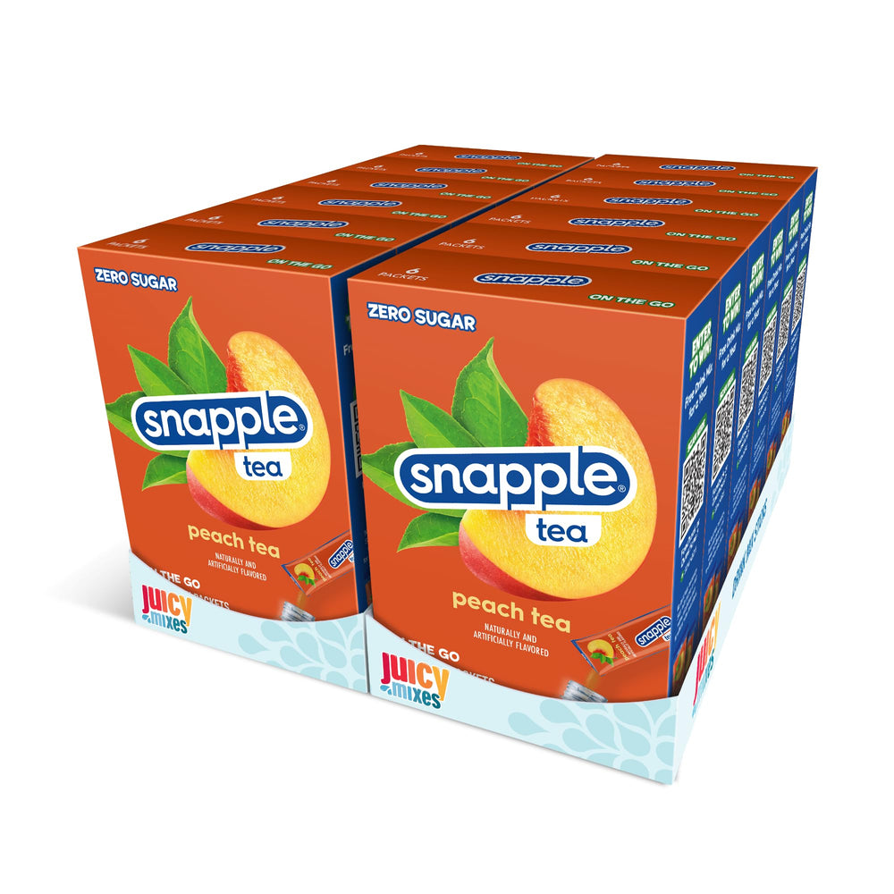 Juicy Mixes Snapple Tea peach sticks box front, convenient sugar-free flavor option for on-the-go