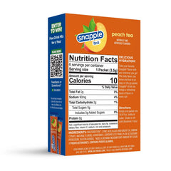 Juicy Mixes Snapple Tea peach sticks pack close-up showing ingredients and natural flavors
