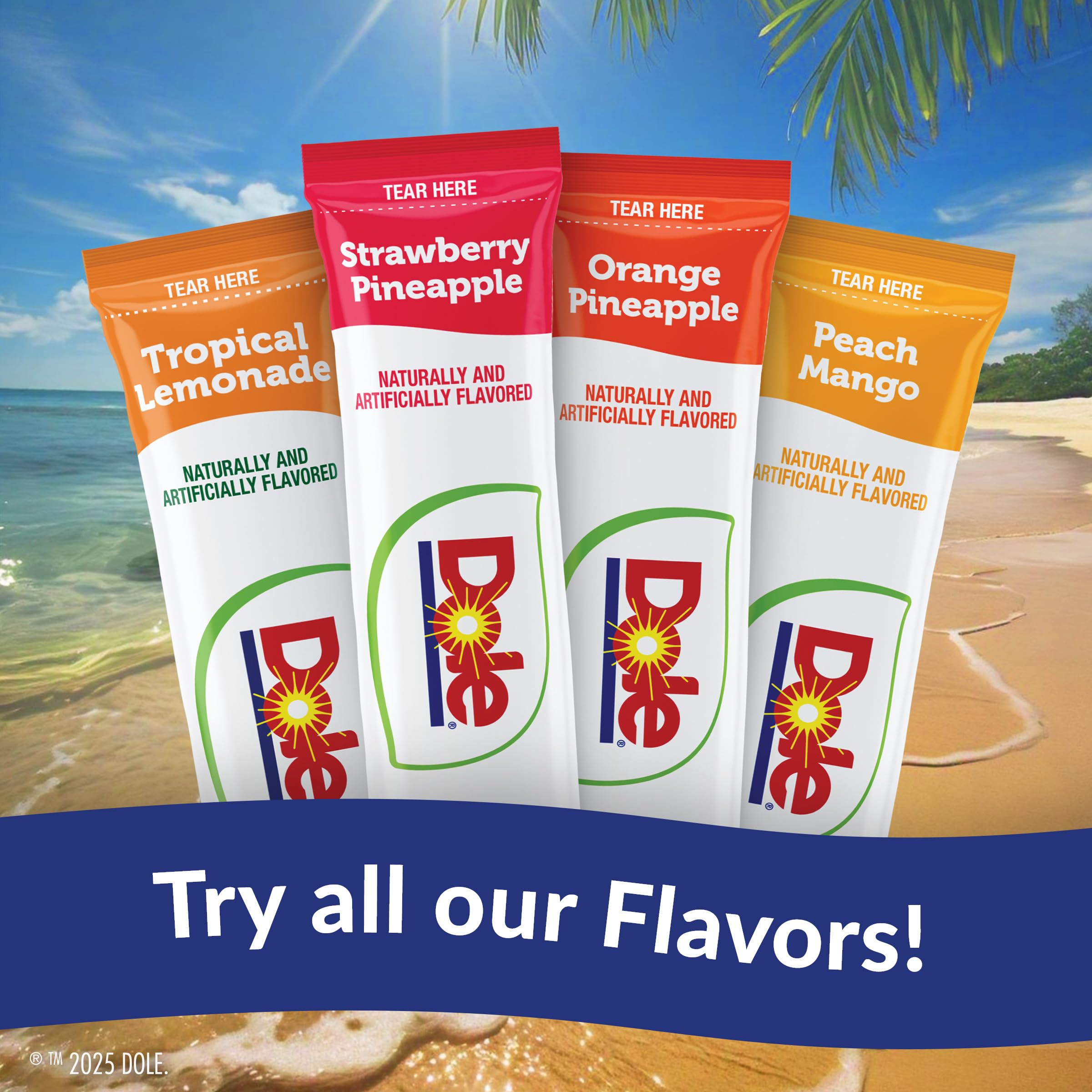 Juicy Mixes Tropical Splash Dole fruit garnish evokes tropical serving