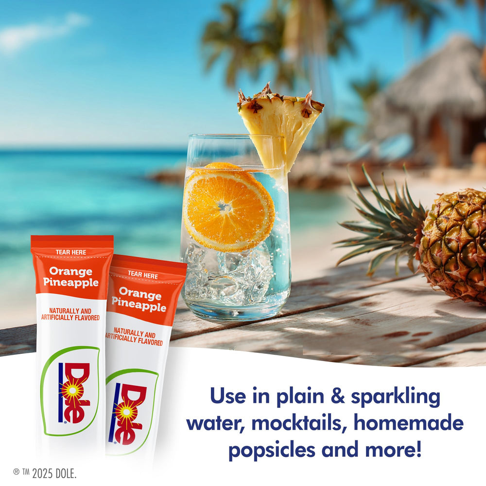 Juicy Mixes Tropical Splash Dole label closeup highlights sugar-free promise