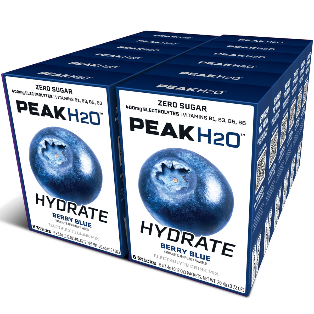Juicy Mixes PeakH2O Berry Blue packet front shows zero sugar and bold flavor.