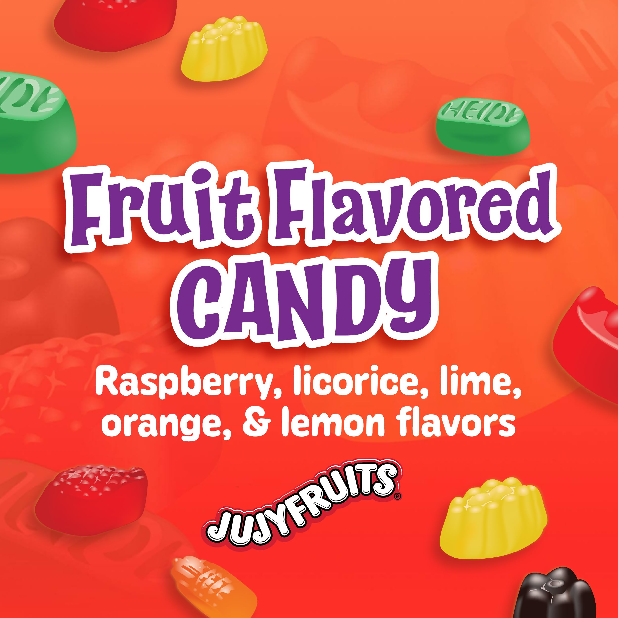Assorted flavors include raspberry, lime, orange, lemon, and licorice in Jujyfruits candy.