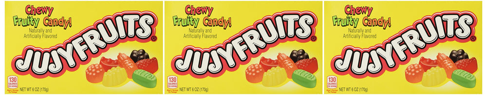 JujyFruits chewy fruity candy box shows a convenient 5 oz pack perfect for on-the-go snacking.