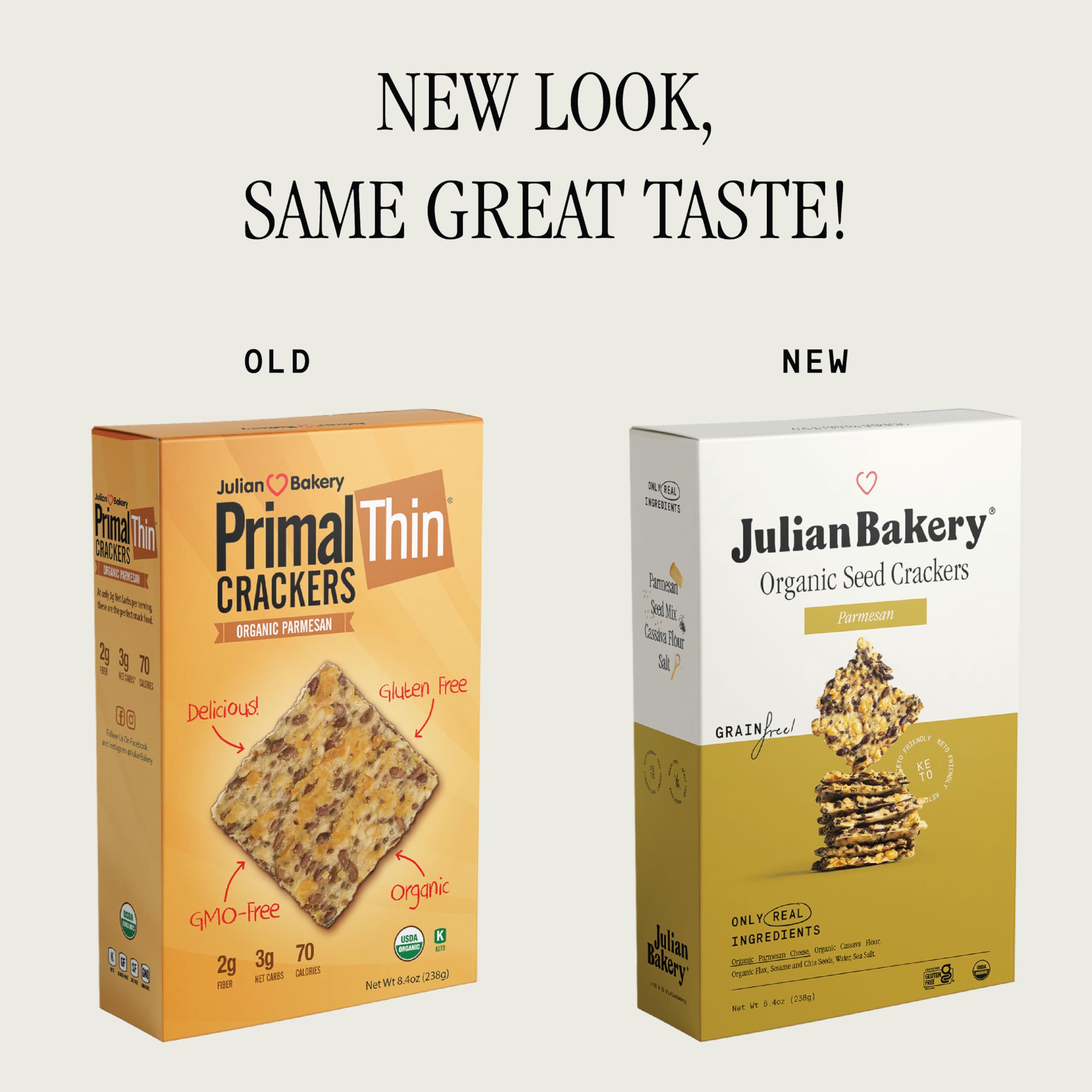 Julian Bakery Organic Primal Thin crackers parmesan snack plate, gourmet bite with parmesan flavor.