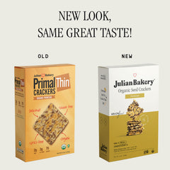 Julian Bakery Organic Primal Thin crackers parmesan snack plate, gourmet bite with parmesan flavor.