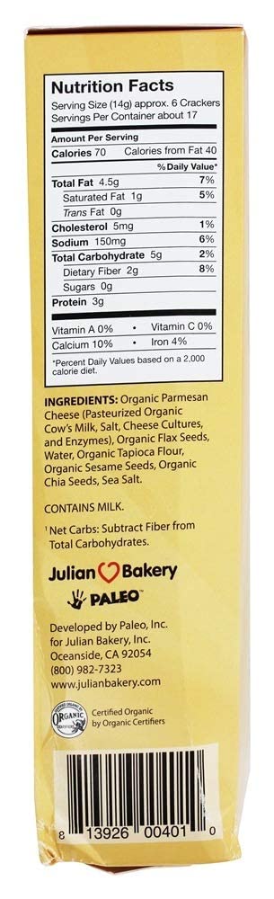 Julian Bakery Primal Thin Crackers Parmesan – crisp close-up highlighting savory flavor for dipping.